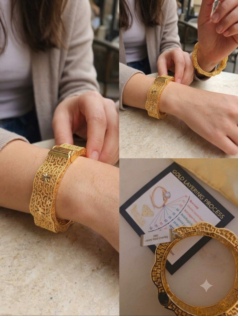 NWT 24K Gold Overlay Filigree Cuff Bangle Bracelet Floral Greek Key Details